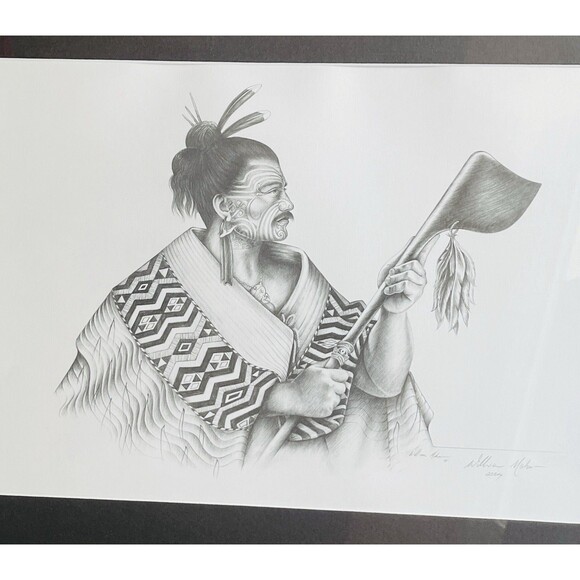 MAORI Warrior Man Framed Etching Tribal Tattoo Holding Taiaha By William Mahon ? - Picture 6 of 16